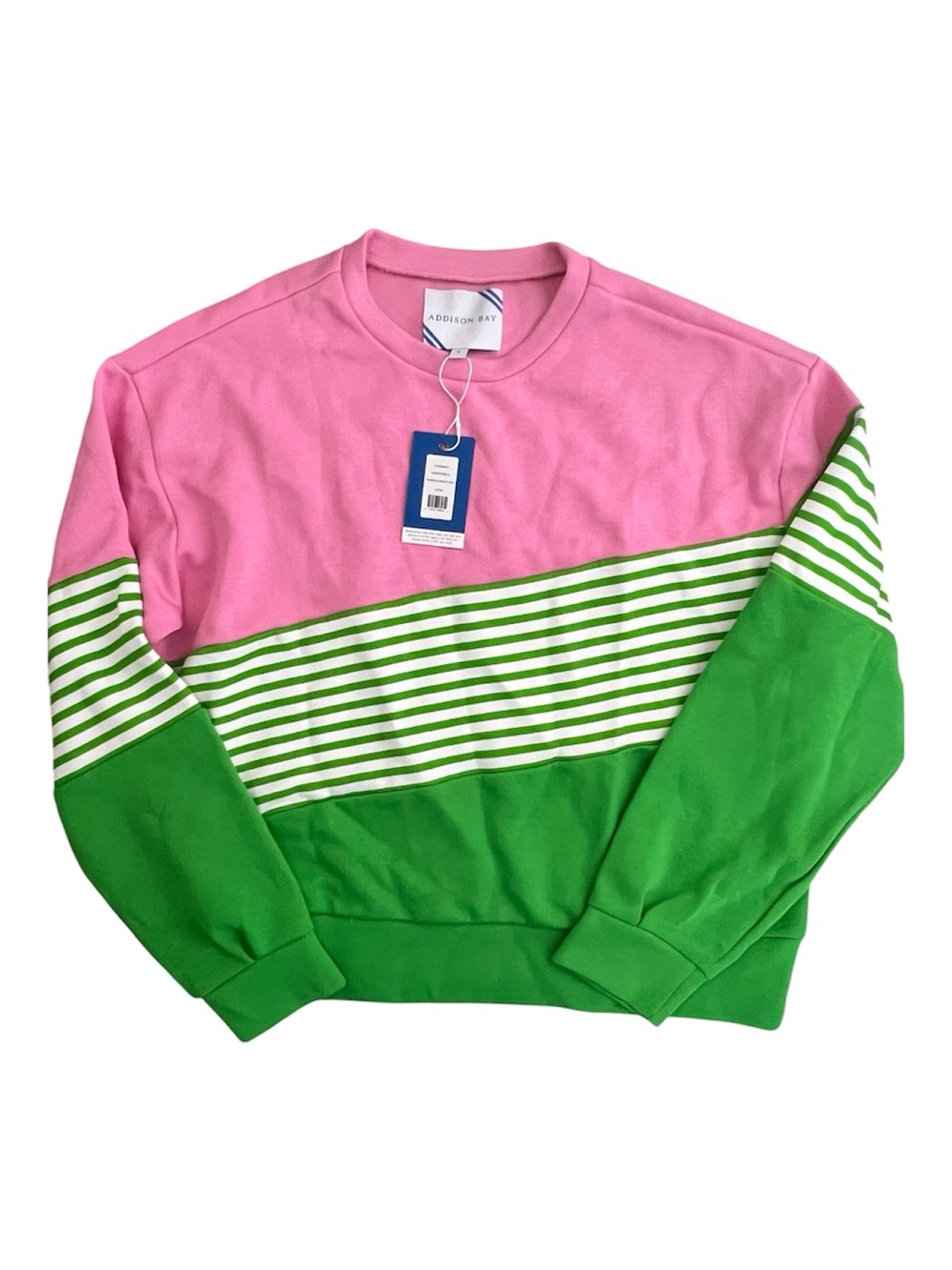 Addison Bay Colorblock Pullover Sweatshirt Pink Green Stripe Size Large NWT